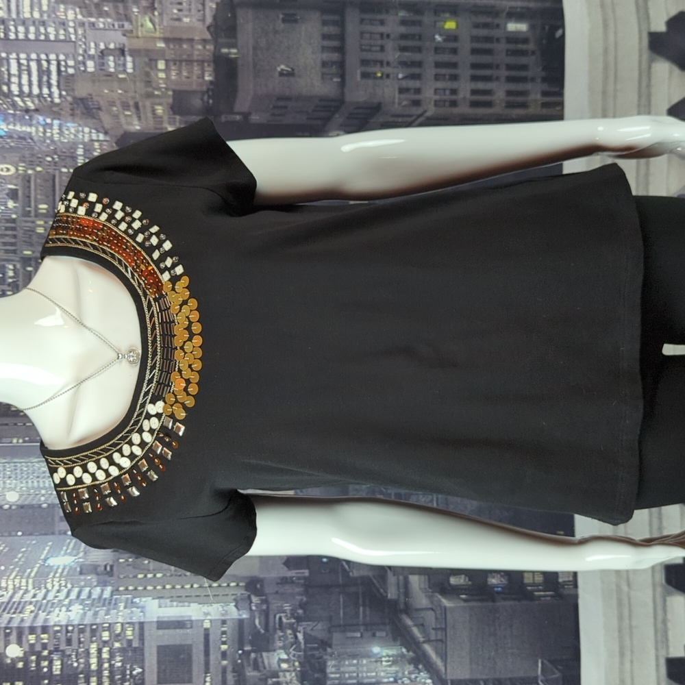 Ruby Rd sz M Black Cotton Top Beaded and Sequined Neckline